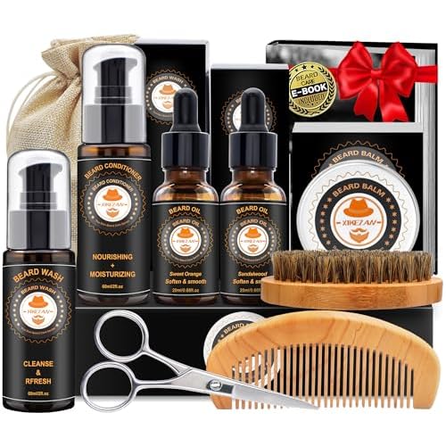 XIKEZAN Beard Kit for Mens Care Shaving & Grooming Sets w/Conditioner, Wash, Oil, Balm, Brush,Birthday Fathers Valentines Gifts for Men Him Dad Husband Boyfriend Christmas Gifts Mens Stocking Stuffers