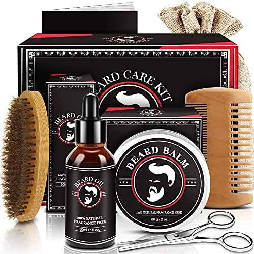 Fathers Day Dad Gifts, Beard Kit for Men, Beard Growth and Grooming Kit w/Beard Oil Beard Balm Beard Brush Beard Comb Beard Scissors, Birthday Gifts for Men Husband Him Grandpa Boyfriend Son Brother
