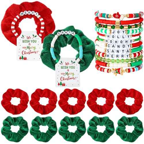 Tondiamo 72 Pcs Christmas Bracelets and Scrunchies Christmas Party Favor Gift Red Green Santa Joy Merry Candy Holiday Stackable Stretch Friendship Bracelets and Scrunchies with Gift Cards for Women