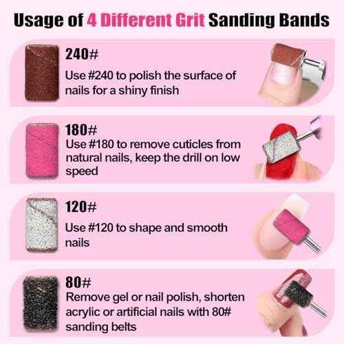 Nail Drill Bits, 135 Pcs Sanding Bands for Nail Drill, Nail Tips for Drill Bits Nail Tech, Mix 80#120#180#240# Fine Grit File Sanding Bands for Acrylic Gel Manicures Pedicure