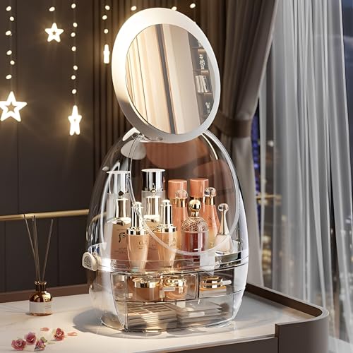 Sooyee Clear Makeup Organizer,Bathroom Counter Organizer, Modern Jewelry and Cosmetic Display Cases with Led Lighted Mirror,Make Up Organizer Stands for Bathroom, Dresser, Vanity Countertop