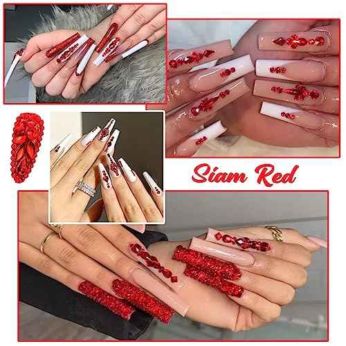 2052Pcs Red Nail Art Rhinestones Multi Shapes Crystal Flatback Rhinestones Gems Siam Red Round Beads K9 Glass Stones Diamonds Jewels Nail Art Supplies Charms for Nails Faces Eyes Makeup Crafts