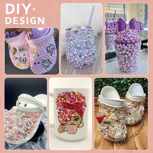 9000PCS Flatback Pearls and Pink Rhinestones for Bedazzling Kit, Pink White 3-10mm Resin Rhinestones Gems and Half Pearls for Crafting, Nail Art and Grad Cap Decor with B7000 Jewelry Glue
