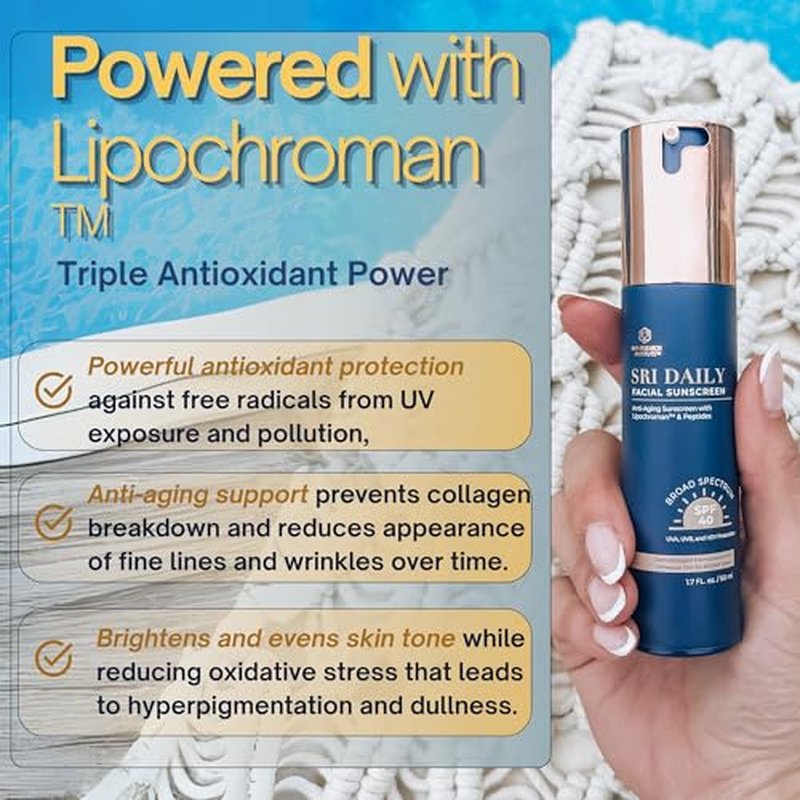 SRILabs Daily Facial Sunscreen - SPF 40 - Anti-Aging with Lipochroman & Peptides - Transparent Zinc Oxide - Universal tint & Weightless - 1.7 OZ