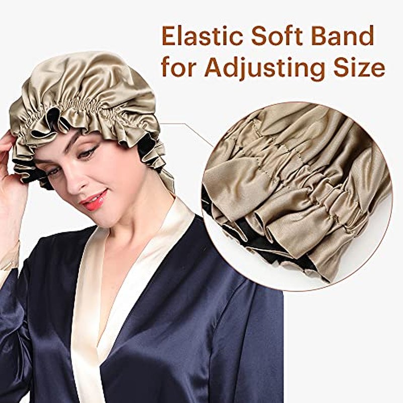 LilySilk Pure Silk Lined Cap for Women Sleep, Double Layered, Adjustable Ribbons, Luxury Natural Silk Bonnet Cap for Sleeping Coffee+Black