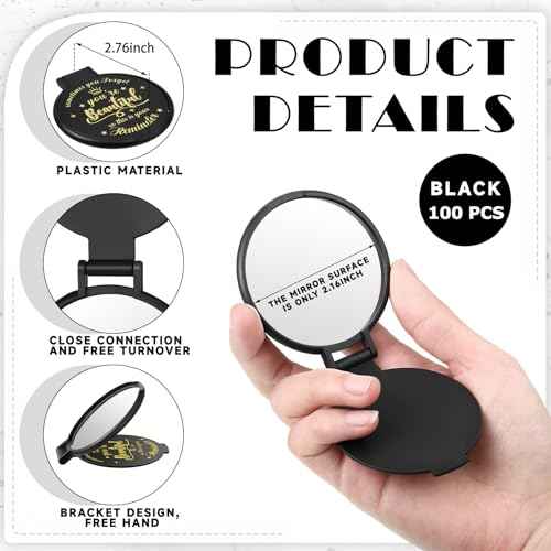 100 Pcs 2.76 Inch Inspirational Compact Mirror Bulk Party Favors Quinceanera Gift Purse Small Mirror Pocket Mini Gifts for Women Adult Coworker Halloween Christmas Friends (Black)