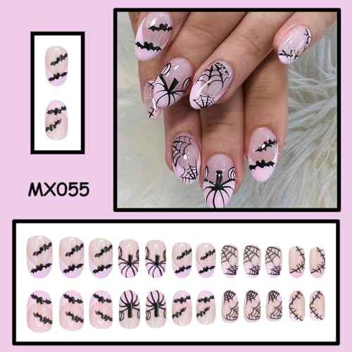 24Pcs Halloween Press on Nails Almond Short Pink French Tip Fake Nails Cute Pumpkin Bat False Nail with Designs Full Cover Spider Web Glue on Nails Reusable Artificial Nail for Women DIY Manicure