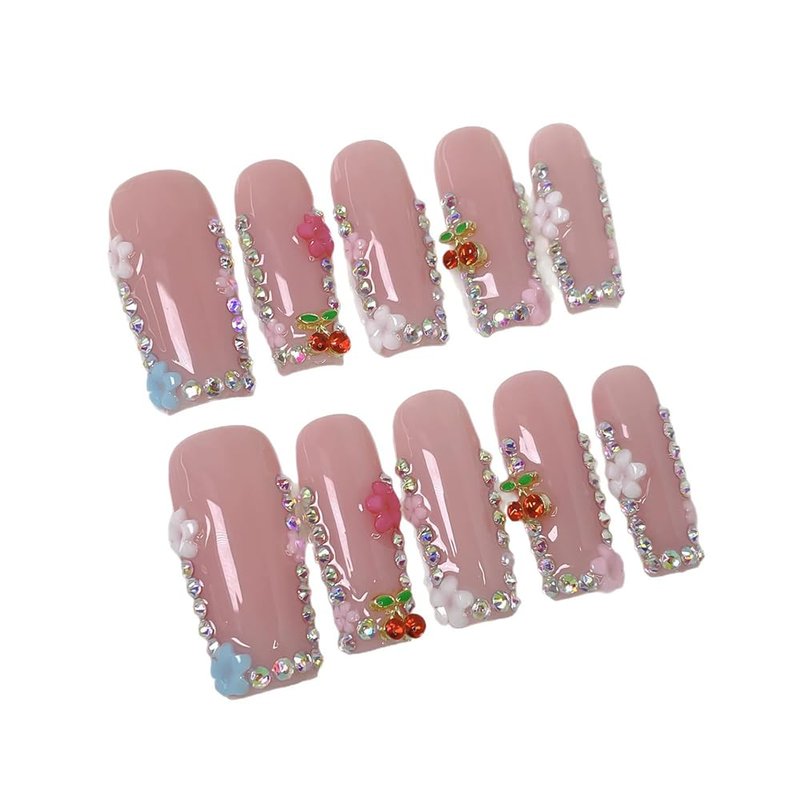 Handmade Press-On Nails - Long Square Acrylic Nails with 3D Cherry Rhinestones & Flower Designs | Pink Sparkly French Tips, 10pcs (Size M)