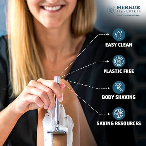 MERKUR 24C Safety Razor For Women with 10 Double Edge Blades | Extra Long Handle | Three-piece Razor | Straight Cut | Bright Chrome Finish | Made in Germany