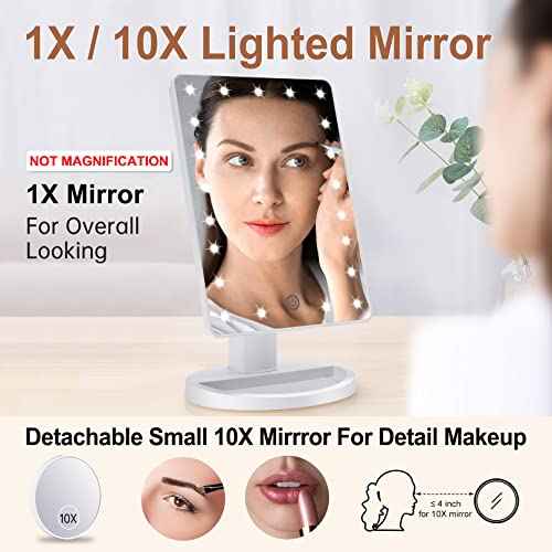 COSMIRROR Lighted Makeup Vanity Mirror with 10X Magnifying Mirror, 21 LED Lighted Mirror with Touch Sensor Dimming, 180¡ÆAdjustable Rotation, Dual Power Supply, Portable Cosmetic Mirror (White)