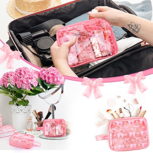 Kacctyen 6 Pcs Coquette Pink Bow Makeup Bags Gifts Accessories for Cosmetic Bags Pink Bow Gift Clear PVC Cheer Case Toiletry Zipper Pouch Waterproof Travel Toiletry Handbag Purses Organizer for Women
