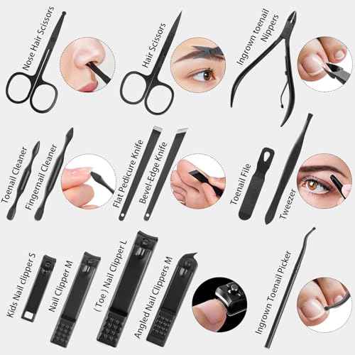 Nail Clippers Set, 26 Piece Manicure Set & Pedicure Kit, Stainless Steel Fingernail & Toenail Clipper Cutters, Professional Nail Care Tools with Luxurious Travel Case for Men and Women, Black