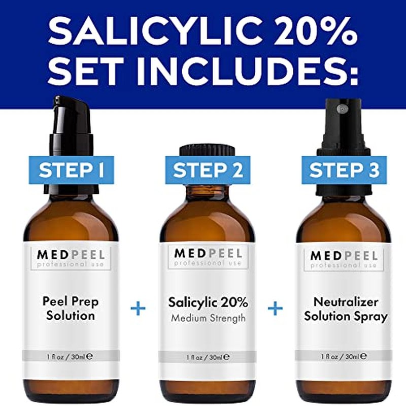 MedPeel Salicylic Acid 20% Essential Peel Kit, Includes Peel, Prep, Neutralizer, Medium Strength Professional Grade Chemical Face Peel for all Skin Tones, 1oz/30ml (Kit of 3)
