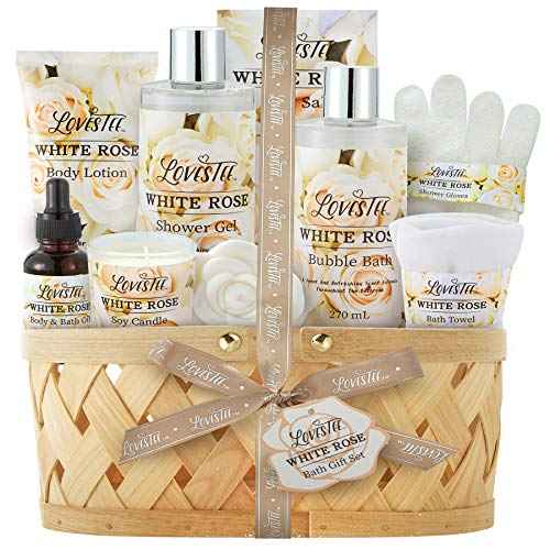 Mothers Day Gifts Bath & Body Spa Gift Basket for Women, Best Gift for Mother's Day & Birthday, White Rose Set Body Lotion, Shower Gel, Bubble Bath, Bath Salt, Towel, Soap, Oil, Candle, Gloves,