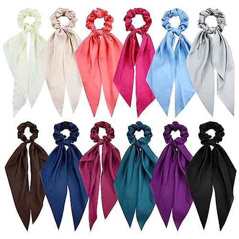 Cinaci 12 Pieces Solid Silky Satin Chiffon Hair Ties with Long Ribbon Bow Tail Hair Scrunchies Ponytail Holders Rubber Bands Accessories for Women Girls Teens