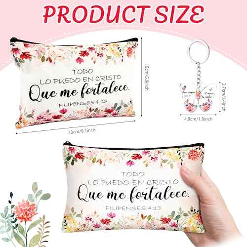 24 Pcs Spanish Christian Gift Set - 12 Women Makeup Bags Bulk & 12 Butterfly Keychains Inspirational Bible Verse Cosmetic Bags Religious Gifts for Women Regalos Religiosos Para Mujer En Espa?ol
