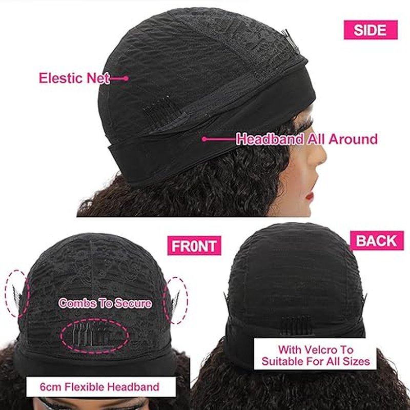 Kinky Curly Headband Wig Human Hair 14 Inch Headband Wigs for Women Human Hair Glueless None Lace Front Curly Wave Wigs Brazilian Virgin Hair Wear and Go Glueless Wig 150% Density Natural Black Color