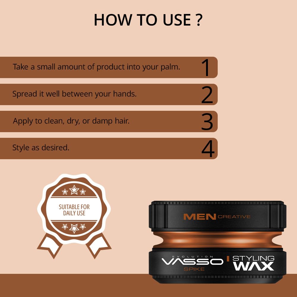 Vasso Clay Spike Hair Styling Wax for Men, Ultra Matte Strong Hold Clay Wax, Water Based Texturizing Hair Clay for All Hair Types, Long Lasting Barber Style Finish, 5.07 fl oz (150 ml)