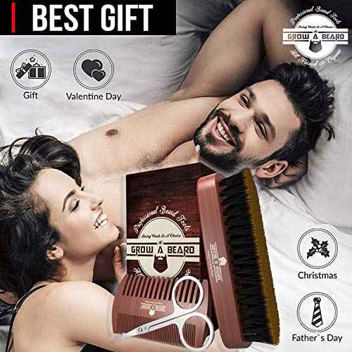 Beard Brush For Men & Beard Comb Set w/Mustache Scissors Grooming Kit, Natural Boar Bristle Brush, Dual Action Wood Comb, And Travel Bag Great For Christmas Gift