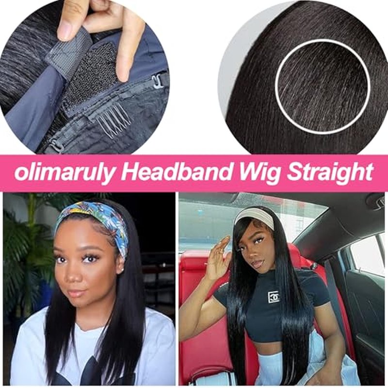 Headband Wig Human Hair 20 Inch Straight Headband Wigs 180% Density Glueless Wigs for Black Women Glueless No Lace Front Human Hair Natural Color Brazilian Virgin Hair