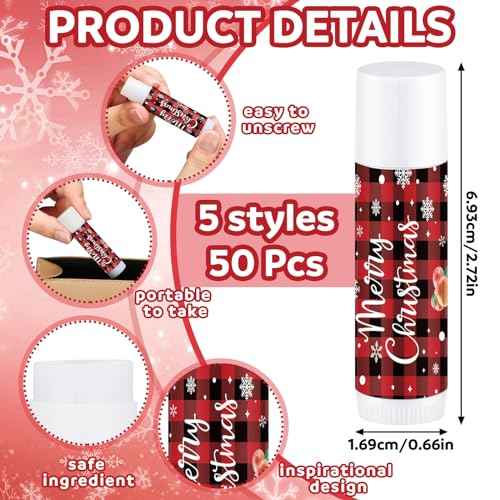 Dunzy 50 Pcs Christmas Lip Balm Bulk Red and Black Buffalo Plaid Christmas Gift for Women Moisturizing Lip Care Product for Seasonal Winter Holiday Xmas Party Gift
