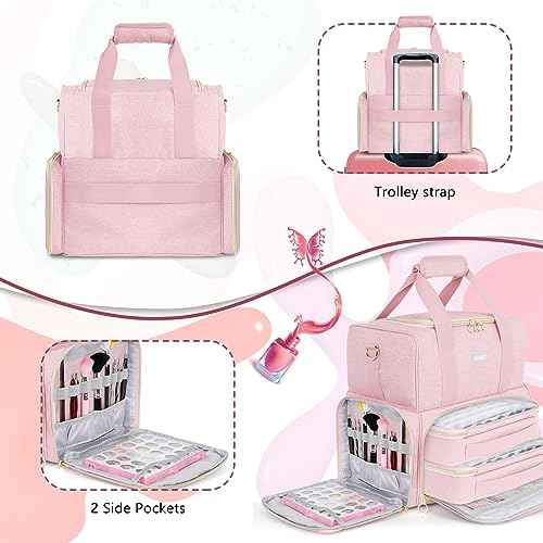 Nail Polish Organizer Holds 80 Bottles and a Nail Lamp,Nail Polish Carrying Case with 2 Removable Bags,Nail Organizers and Storage for Nail Tech,Portable Nail Polish Holder for Nail Supplies,Pink