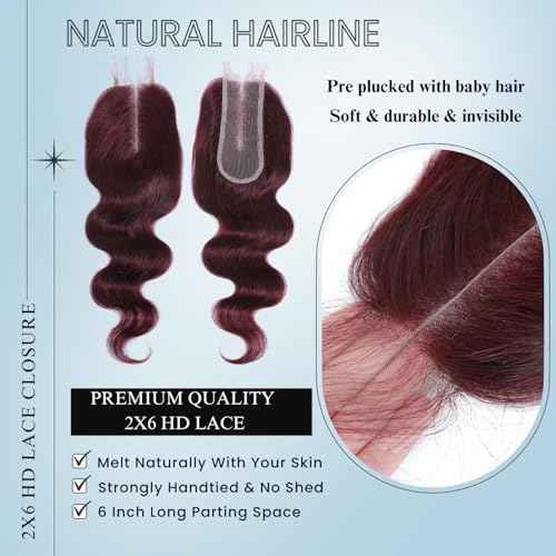 ALHER #99j Dark Burgundy Body Wave Bundles with 2x6 Kim K Lace Closure 18 20 22+18 Inch, Purplish Wine Red Color 3 Bundles with 2x6 Long Deep Part Closure With Baby Hair 100% Real Human Hair