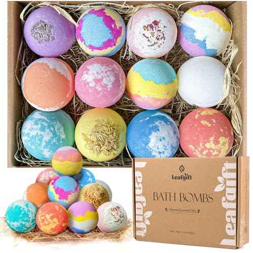 Leafgift Bath Bombs Gift Set, 12pcs Handmade Bath Fizzies with Natural Sea Salt Cocoa & Shea Butter, Perfect for Bubble Bath Spa, Moisturizing Dry Skin, Stress Relief, Best Gift for Women, Men