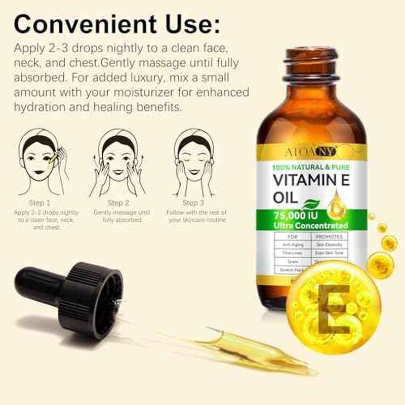 2 Pack Vitamin E Oil, 75,000 IU Organic Pure Vitamin E Oil for Tightening Plump Skin, Reduce Fine Lines & Scars, Moisturizing Skin, Face & Full Body