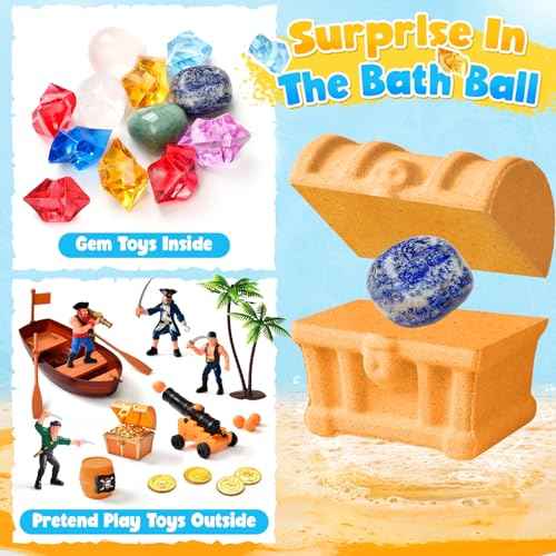 Bath Bombs for Kids with Diving Gem Toys Inside, 12 Pack Treasure Chest Bath Bombs with Surprise Pirate Accessories Pretend Playset, Handmade Bubble Bath Fizzies Birthday Christmas Gift Set