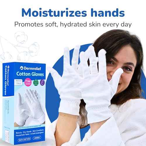 Cotton Gloves - for Beauty, Dry Hands, Eczema, Dermatitis and Psoriasis (7 Pairs) with Free Gifts (Professional Nail Buffer & Washing Bag) (Large)