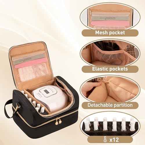 Nail Polish Organizer Bag Nail Case Holds 60 Bottles & Nail Lamp Gel Nail Polish Organizer Nail Kit Organizers Travel Nail Tech Carrying Case for Manicure Supplies (Black)