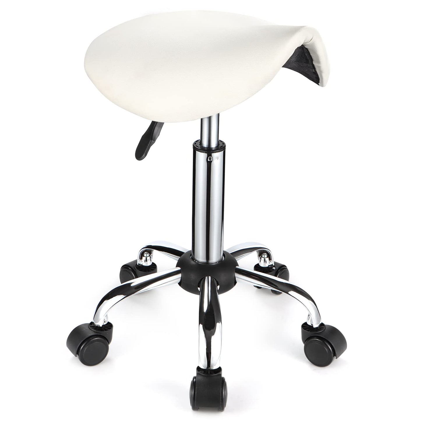 FNZIR Saddle Rolling Stool with Wheels PU Leather Height Adjustable Swivel Stools Chair White