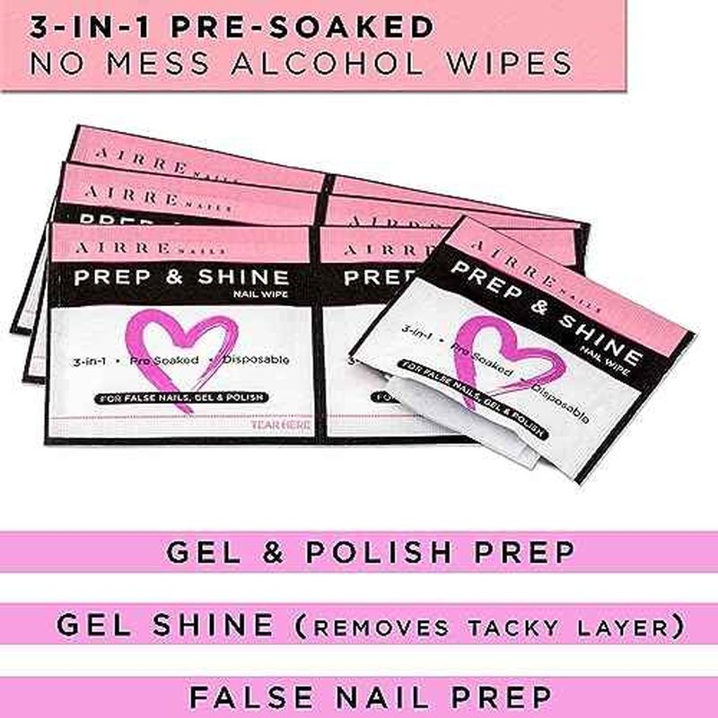 AIRRE 50 Professional Alcohol Prep & Shine Nail Wipes (3in1) Alcohol Wipes for Gel Nails, Acrylic Nails, Press-On Nails & Tips. Removes Sticky Gel Layer Residue, Preps UV/LED Gel Polish & False Nails
