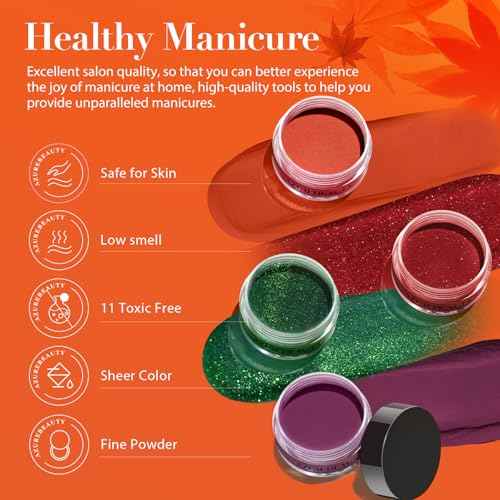 AZUREBEAUTY 130 Pcs Dip Powder Nail Kit ,16 Colors Brown Purple Green with Top/Base Coat Professional Glitter or DIY Salon Gifts