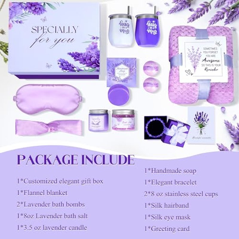 Christmas Gifts Baskets for Women,Get Well Self Care Gifts for Women,Lavender Relaxing Spa Basket with Luxury Flannel Blanket Feel Better Birthday Gifts for Mom Her Sister Wife Girlfriend