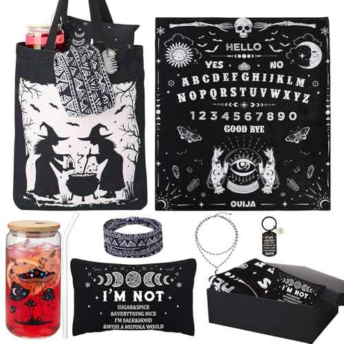 7 Pcs Witchy Gifts for Women Gothic Ouija Blanket Astrology Witch Canvas Tote Bag Makeup Bag Glass Cup Necklace Witchy Stuff Spooky Favors Gothic Gifts for Women