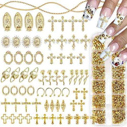 3D Cross Nail Charms,Gold Flat Back Nail Pearls Beads for Crafting,Cute Nail Charms Y2k Rhinestones Jewelry for Nail Art Flower Virgin Mary Religious Charms Gems Bulk Nail Chains (Gold)