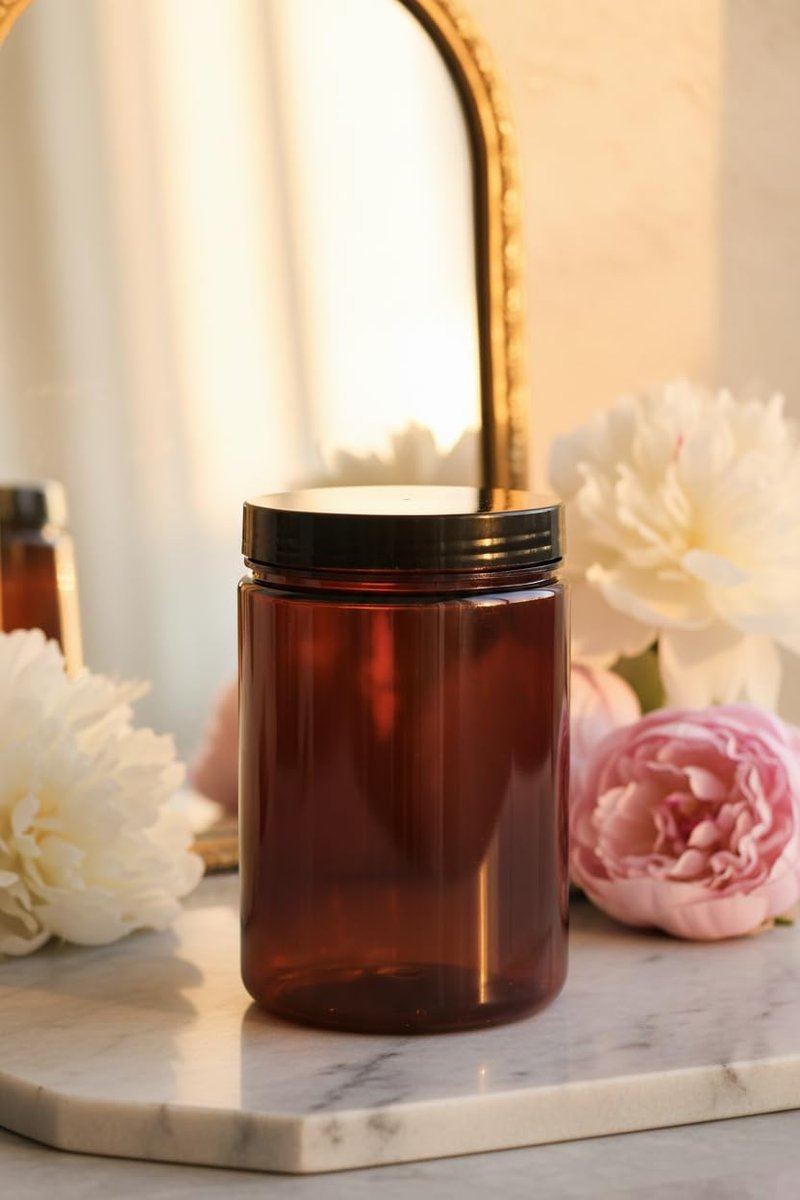 (6 pack) 25 oz Amber PET Plastic Refillable Jar with Black Smooth Foam Lined Lid