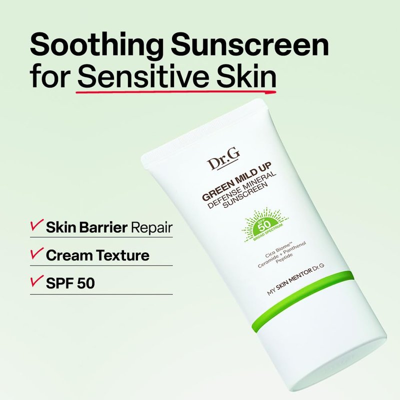 Dr. G Green Mild Up Defense Mineral Sunscreen - SPF 50 Broad Spectrum Korean Sunscreen - Lightweight & Reef-Safe Mineral Formula - For Sensitive Skin - Non-Greasy - With Centella Asiatica - 1.69 fl oz