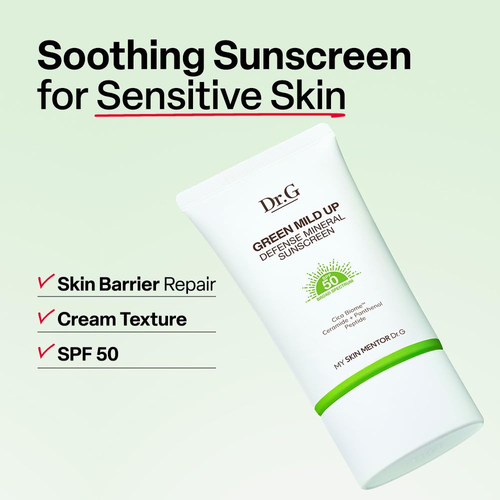Dr. G Green Mild Up Defense Mineral Sunscreen - SPF 50 Broad Spectrum Korean Sunscreen - Lightweight & Reef-Safe Mineral Formula - For Sensitive Skin - Non-Greasy - With Centella Asiatica - 1.69 fl oz