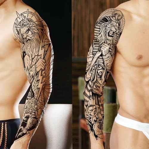 20 Sheets Black Zeus God Full Arm Temporary Tattoos For Men Adults Thigh, Bulk Temp Egypt Judgement God Albis Medusa Poseidon Fake Sleeve Tattoos For Women, Halloween Tattoo Sticker Anchor Ship Faith
