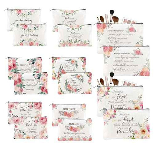 16PCS Canvas Cosmetic Bags Bulk Inspirational Quotes Makeup Bags for Women Encouragement Travel Pouch with Zipper Flower Cosmetic Pouch for Christmas Friendgiving Friend Gifts