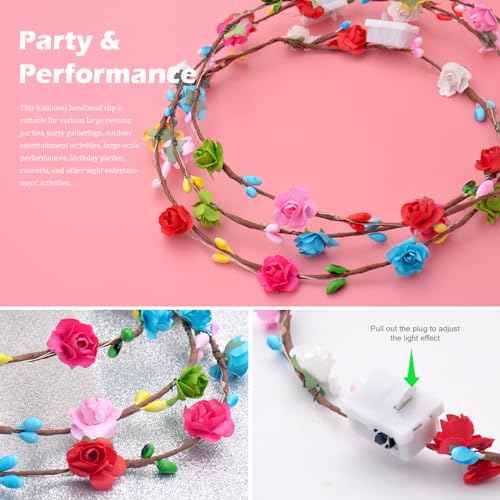 50 Pcs LED Flower Crowns Headbands,Flower Crowns For Women,Mardi Gras Light Up Headbands Tiara Flower Crown Accessories for Wedding Beach Party Birthday Cosplay Halloween Christmas Day