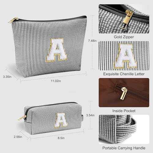 YOOLIFE Initial Makeup Bag - Personalized Monogrammed Travel Toiletry Bag, Perfect for Teens, Weddings, and Preppy Styles - Black