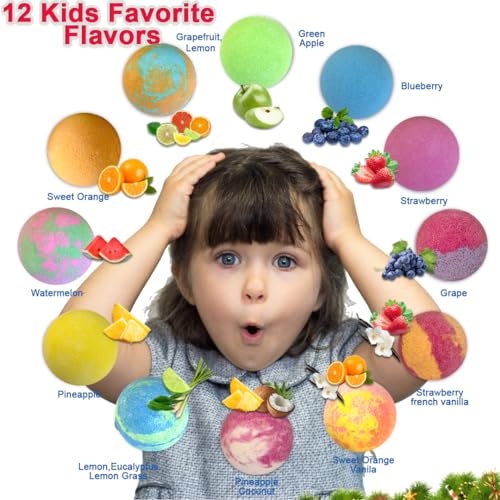 Christmas Bath Bombs for Kids with Surprise Toys Inside - Kids Advent Calendar Bathbombs - 12 Organic Bath Bombs Gift Set, Moisturizing Bubble Bath Fizzies, Stocking Stuffers Christmas Gifts for Kids