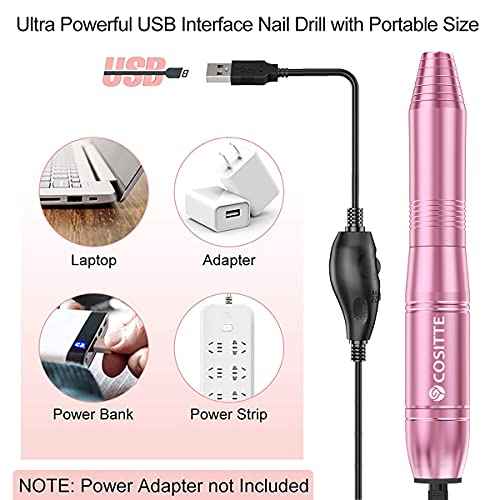 Electric Nail Drill,USB Electric Nail Drill Machine for Acrylic Nail Kit,Portable Electric Nail File Polishing Tool Manicure Pedicure Kit Efile Nail Supplies for Home Salon,Pink