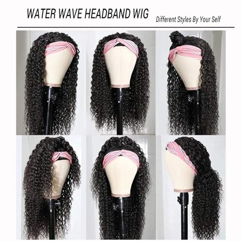Curly Headband Wigs for Black Women Wet and Wavy Afro Headband Wig Water Wave Blend Human Hair & Synthetic Hair Ready to Go Glueless Half Wigs 180% Density (Black-#1B, 20 Inch)