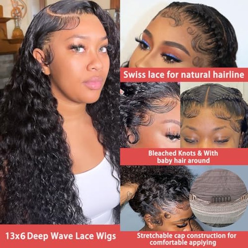 13x6 Deep Wave Lace Front Wigs Human Hair HD Transparent Lace Front Wigs Human Hair for Women Pre Plucked with Baby Hair Deep Curly Glueless Wig 180% Density 24 Inch