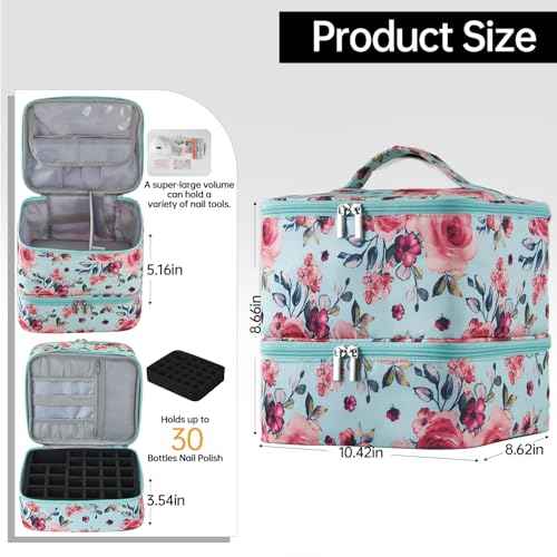 Buruis Double-Layer Nail Polish Organizer Bag, Holds 27 Bottles (15ML/0.5 FL.OZ or Larger), Nail Tools & Dryer Storage Case with Adjustable Dividers (Aqua Floral)